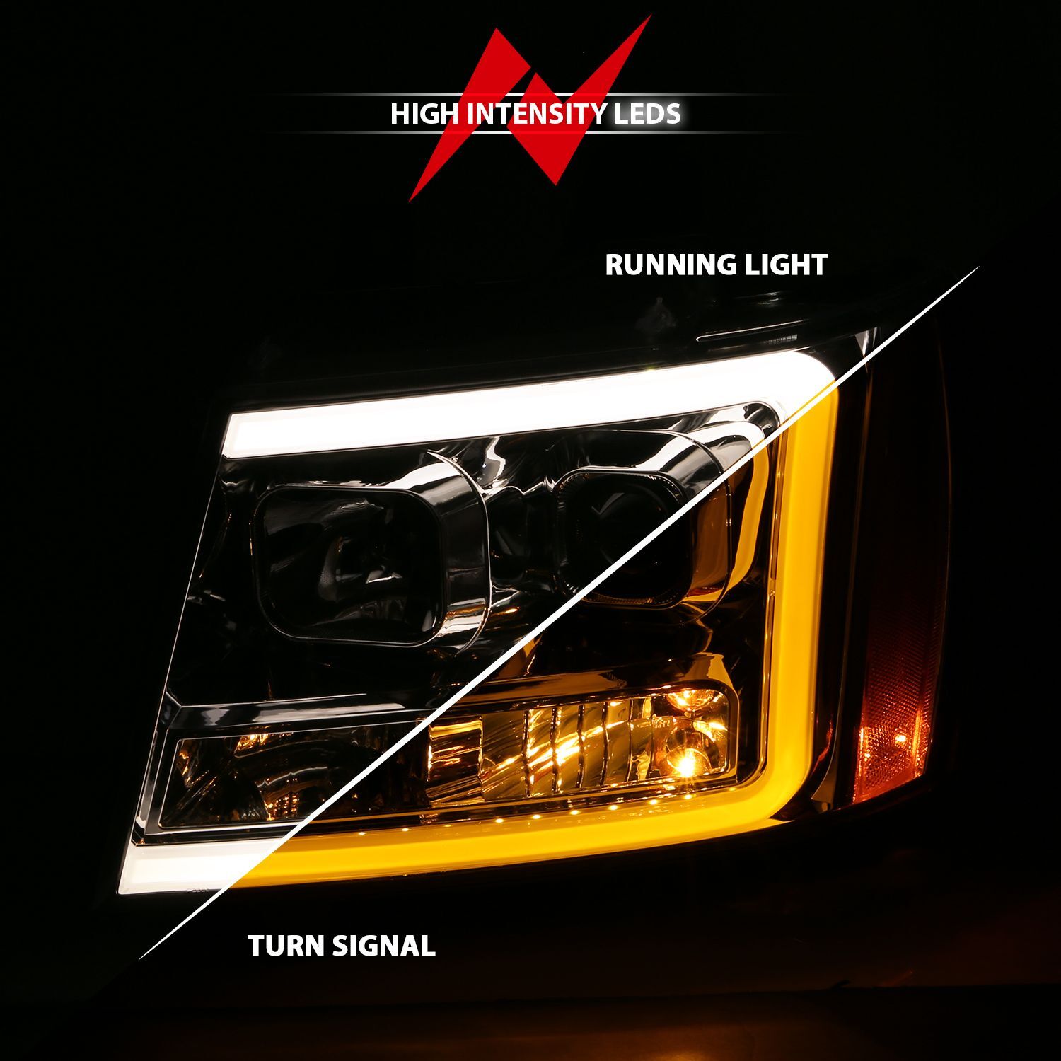 2007-2014 Chevrolet Avalanche/Suburban/Tahoe Anzo Projector Headlights W/ Plank Style Switchback Chrome W/ Amber