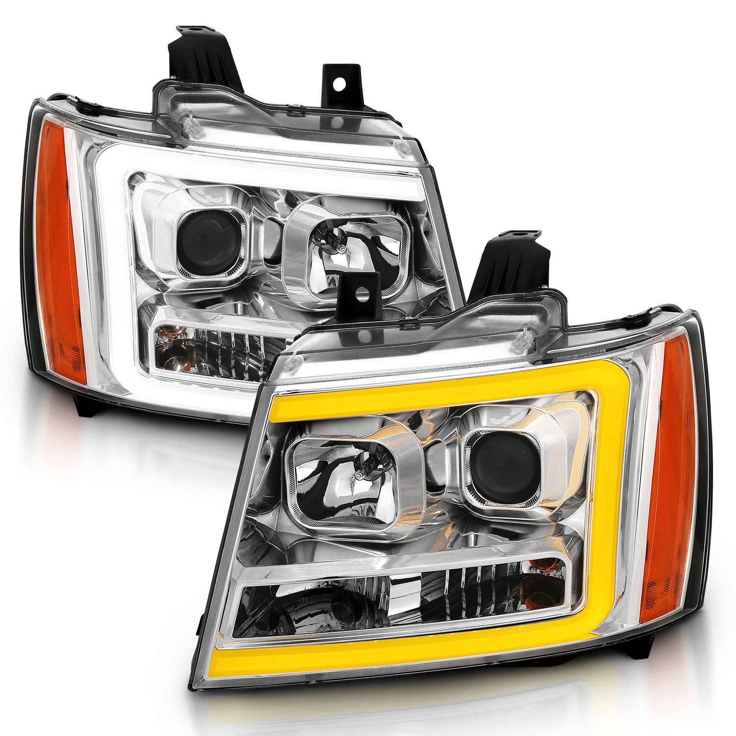 2007-2014 Chevrolet Avalanche/Suburban/Tahoe Anzo Projector Headlights W/ Plank Style Switchback Chrome W/ Amber - 111403
