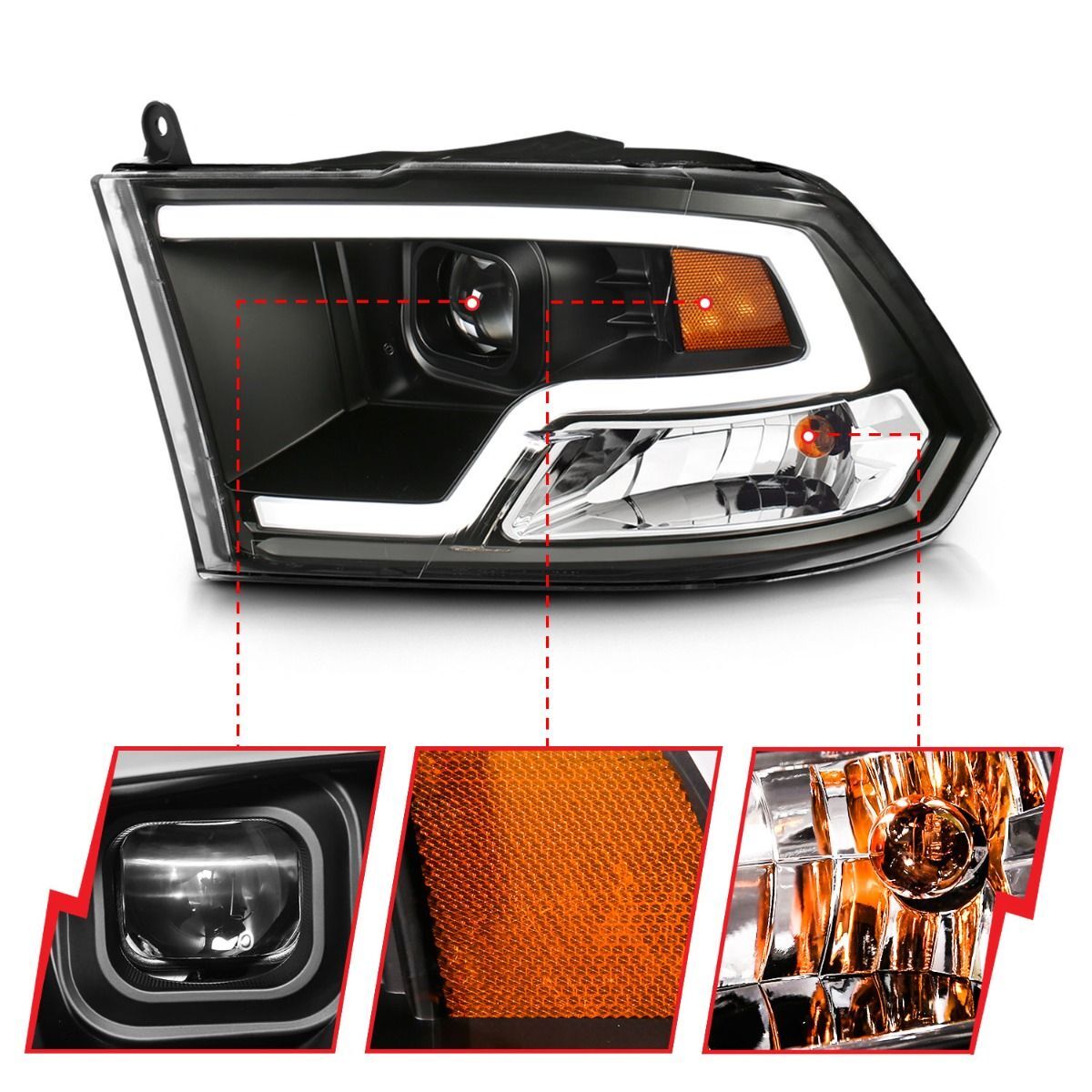 2009-2018 Dodge Ram 1500/2500/3500 Anzo Projector Headlights Plank Style Design Black