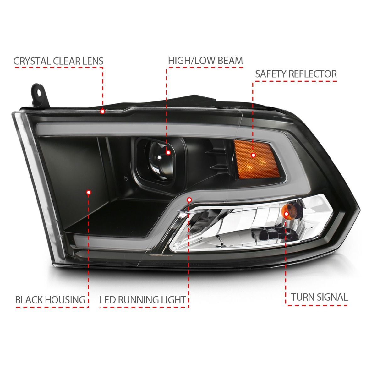 2009-2018 Dodge Ram 1500/2500/3500 Anzo Projector Headlights Plank Style Design Black