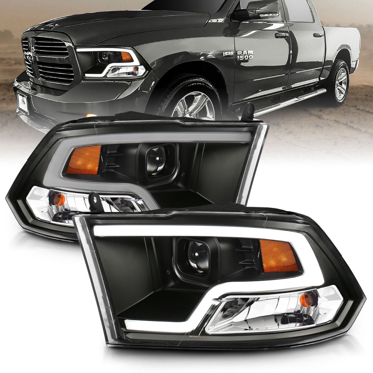 2009-2018 Dodge Ram 1500/2500/3500 Anzo Projector Headlights Plank Style Design Black - 111404