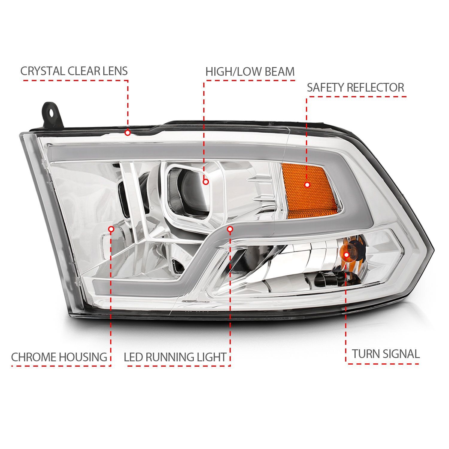 2009-2018 Dodge Ram 1500/2500/3500 Anzo Projector Headlights Plank Style Design Chrome