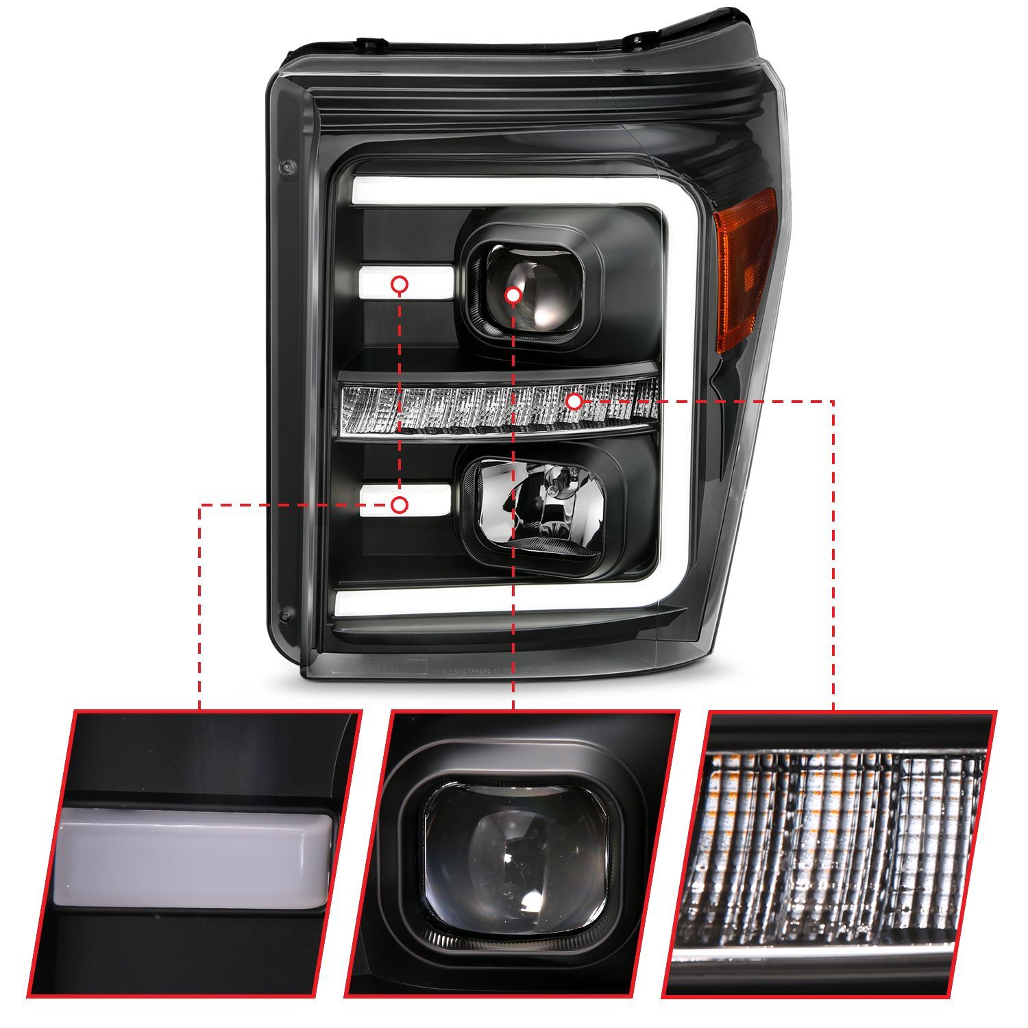 2011-2016 Ford F-250/F-350/F-450 Super Duty Anzo Projector Headlights W/ Plank Style Switchback Black W/ Amber