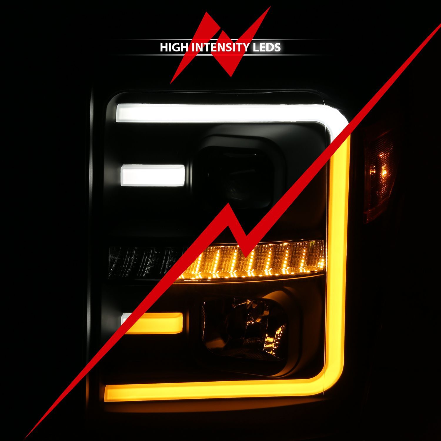 2011-2016 Ford F-250/F-350/F-450 Super Duty Anzo Projector Headlights W/ Plank Style Switchback Black W/ Amber
