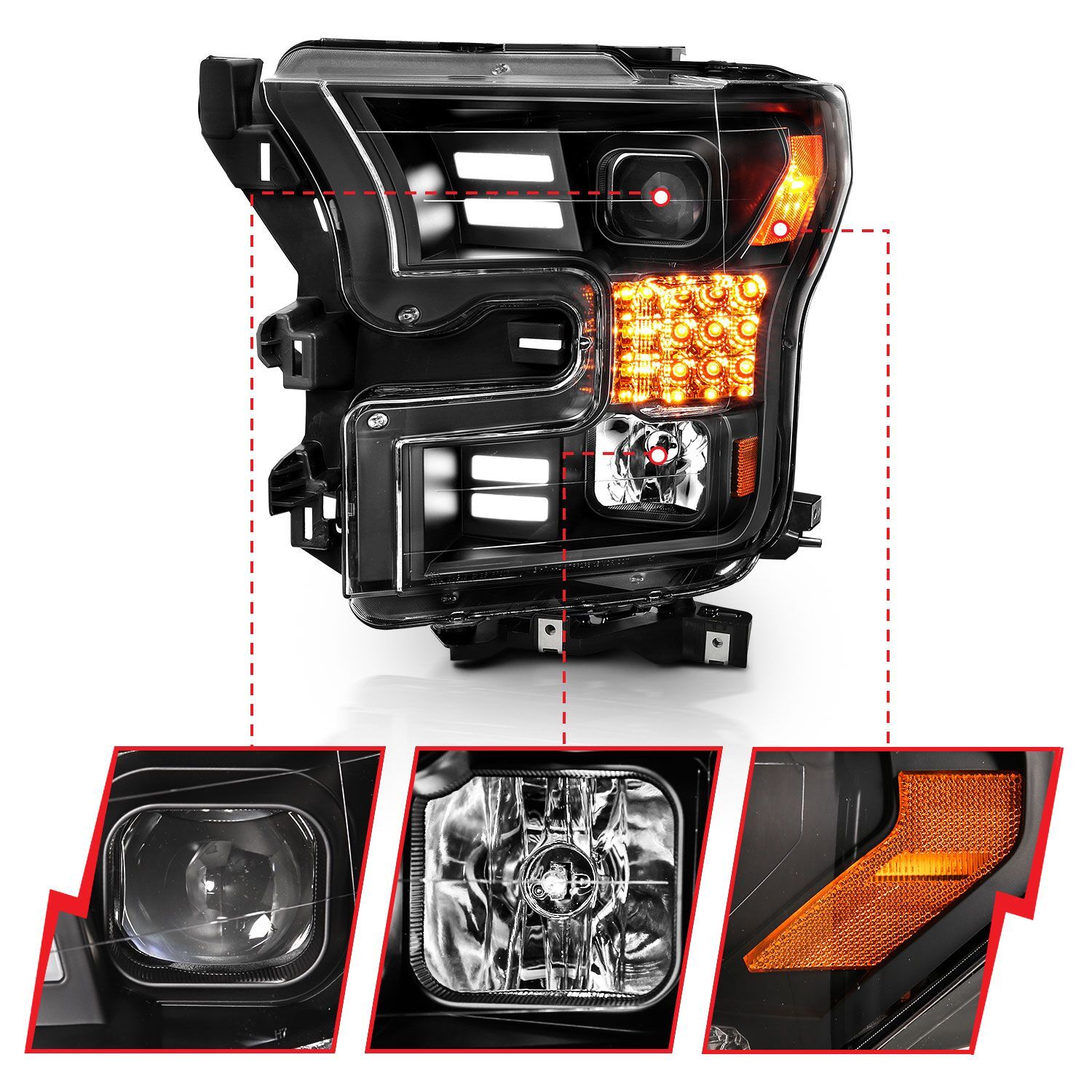 2015-2017 Ford F-150 Anzo Projector Headlights W/ Plank Style Design Black W/ Amber Sequential Turn Signal