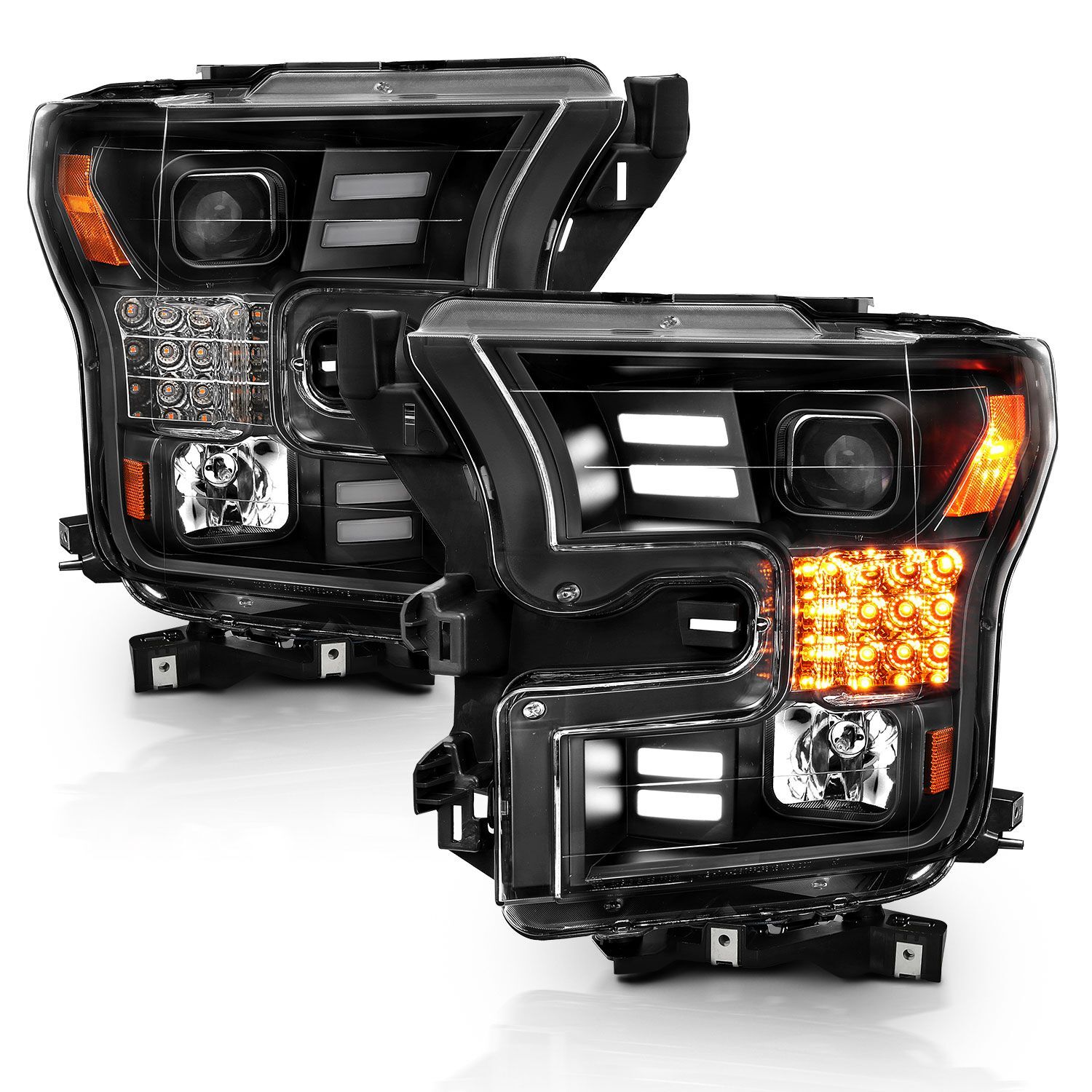 2015-2017 Ford F-150 Anzo Projector Headlights W/ Plank Style Design Black W/ Amber Sequential Turn Signal - 111408