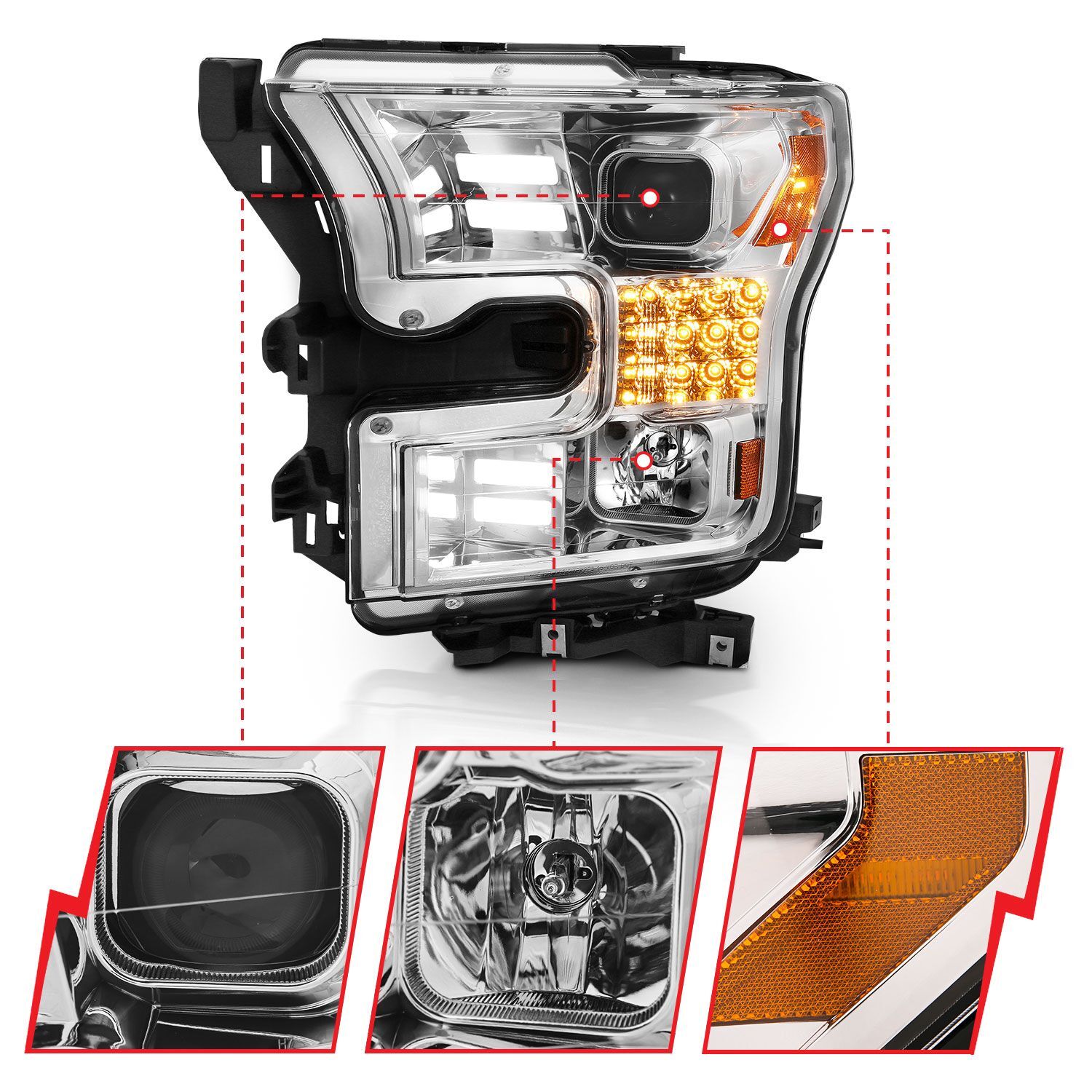 2015-2017 Ford F-150 Anzo Projector Headlights W/ Plank Style Design Chrome W/ Amber Sequential Turn Signal