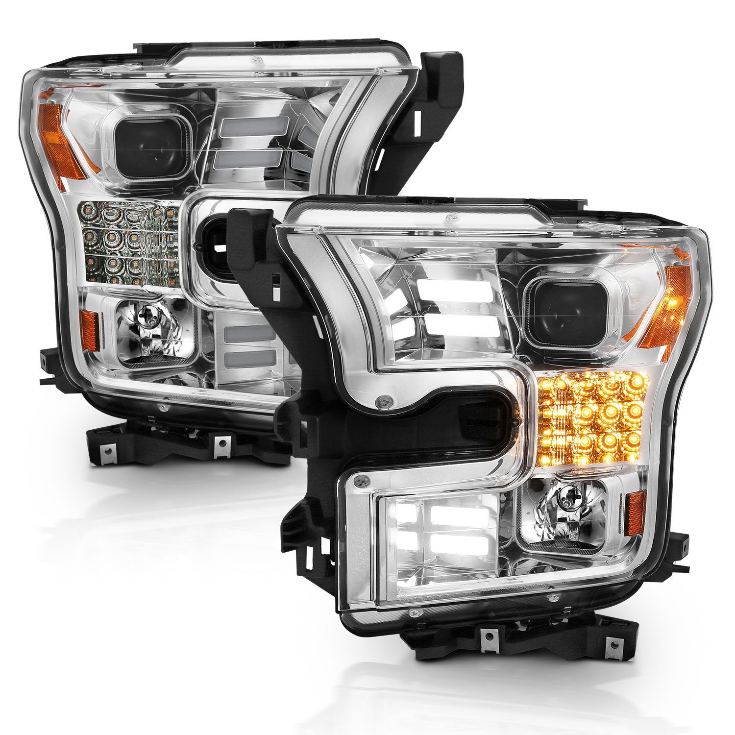 2015-2017 Ford F-150 Anzo Projector Headlights W/ Plank Style Design Chrome W/ Amber Sequential Turn Signal - 111409