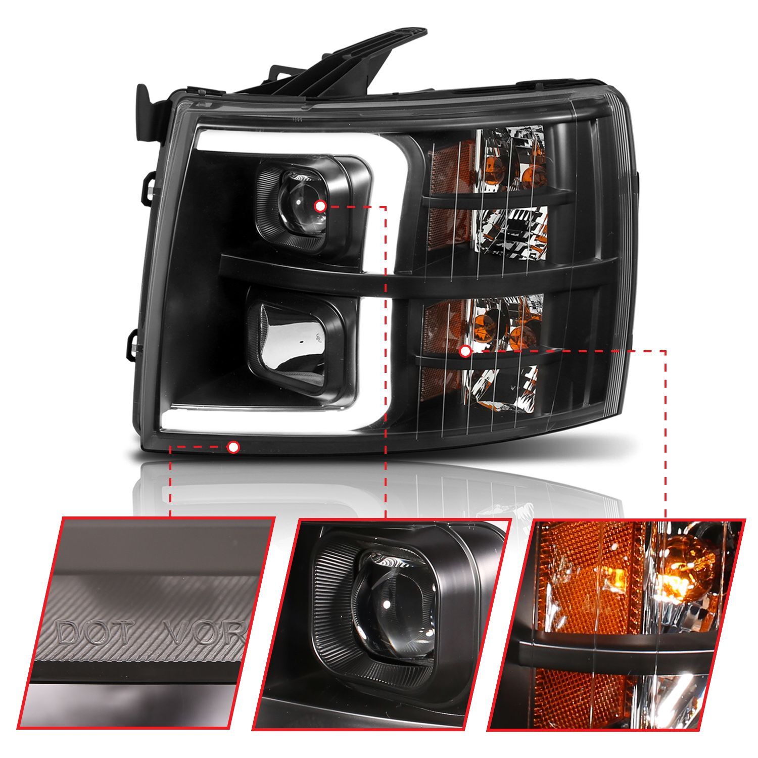2007-2013 Chevrolet Silverado/Silverado 1500/2500 HD/3500 HD Anzo Projector Headlights W/ Plank Style Switchback Black W/ Amber