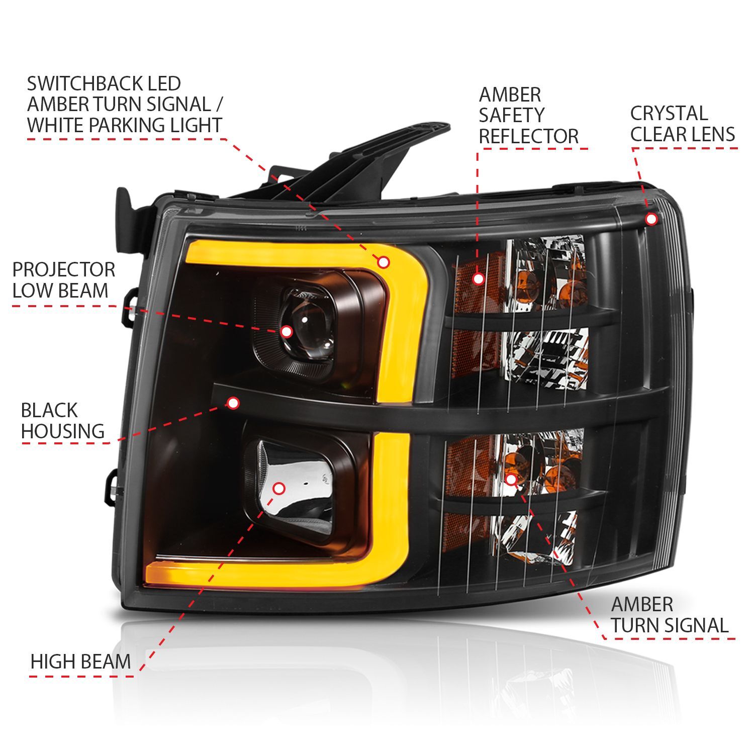 2007-2013 Chevrolet Silverado/Silverado 1500/2500 HD/3500 HD Anzo Projector Headlights W/ Plank Style Switchback Black W/ Amber