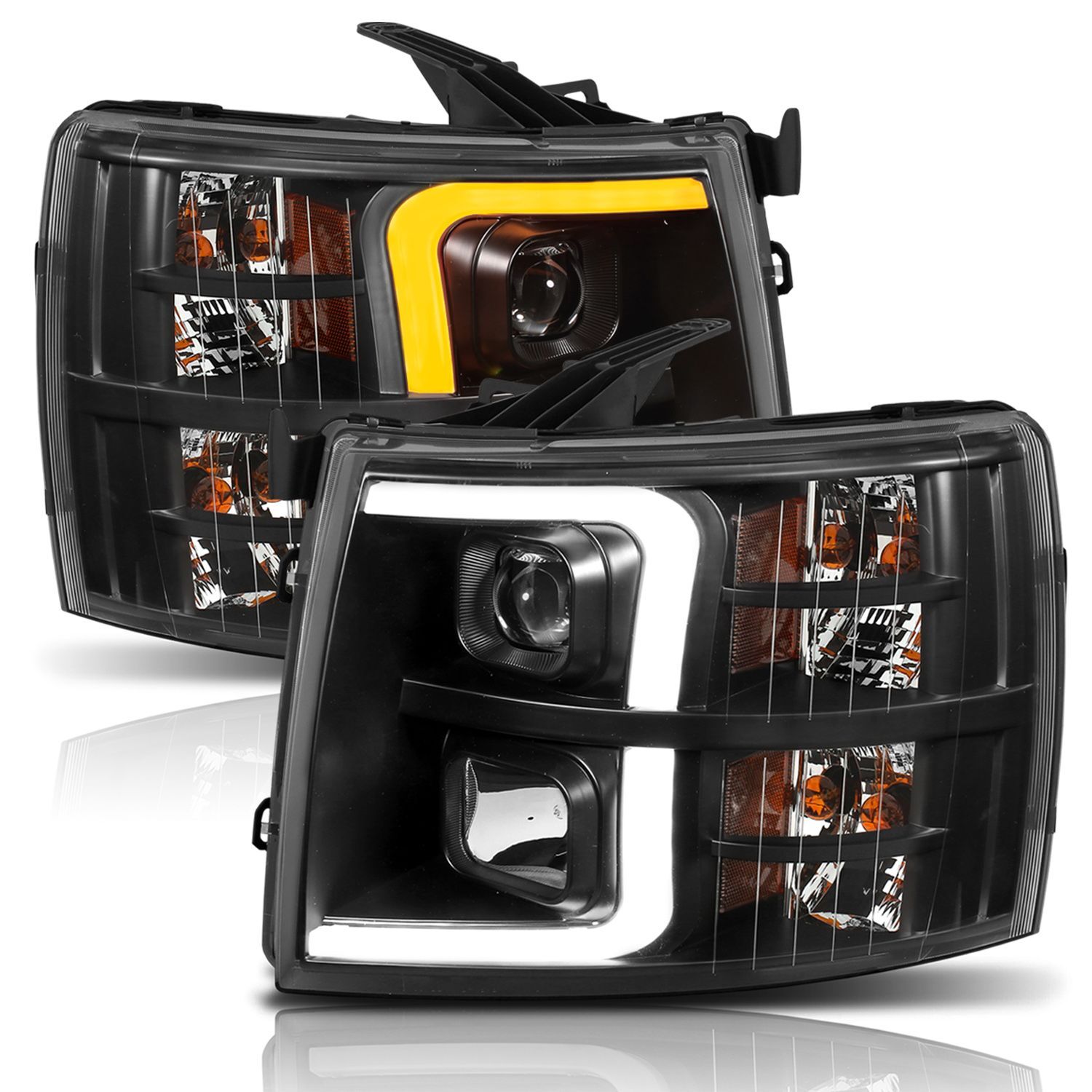 2007-2013 Chevrolet Silverado/Silverado 1500/2500 HD/3500 HD Anzo Projector Headlights W/ Plank Style Switchback Black W/ Amber - 111410