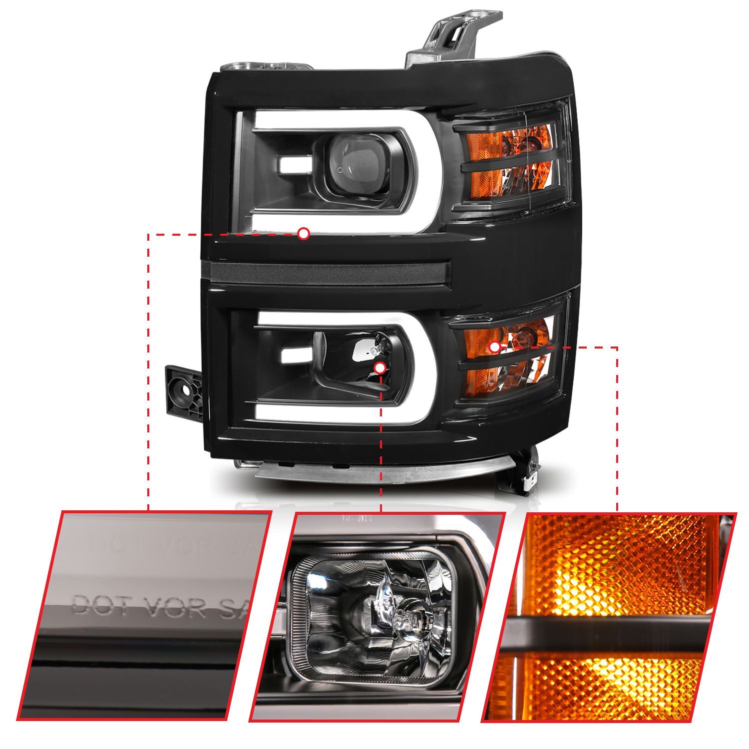 2014-2015 Chevrolet Silverado 1500 Anzo Projector Headlights W/ Plank Style Switchback Black W/ Amber