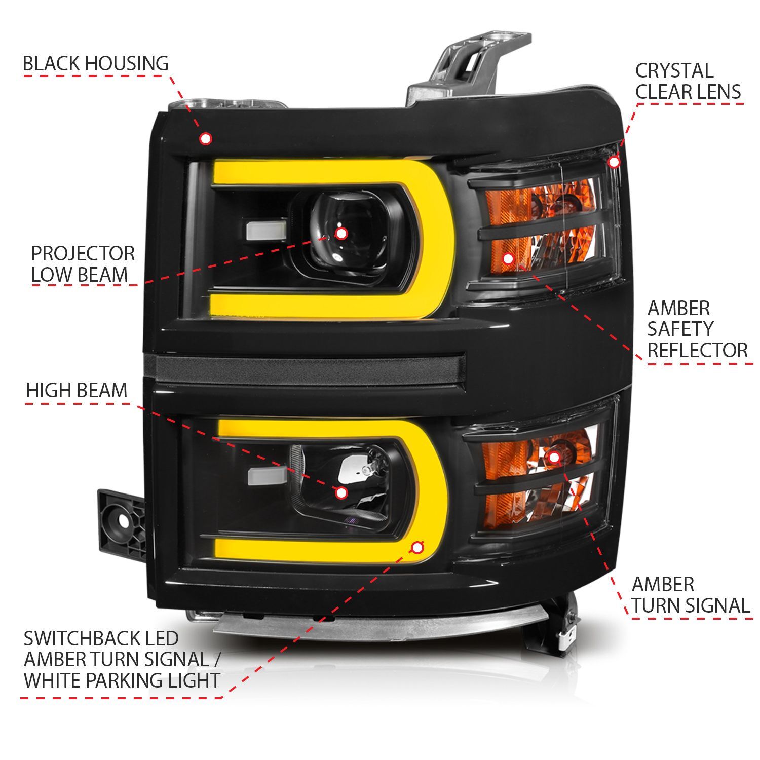 2014-2015 Chevrolet Silverado 1500 Anzo Projector Headlights W/ Plank Style Switchback Black W/ Amber