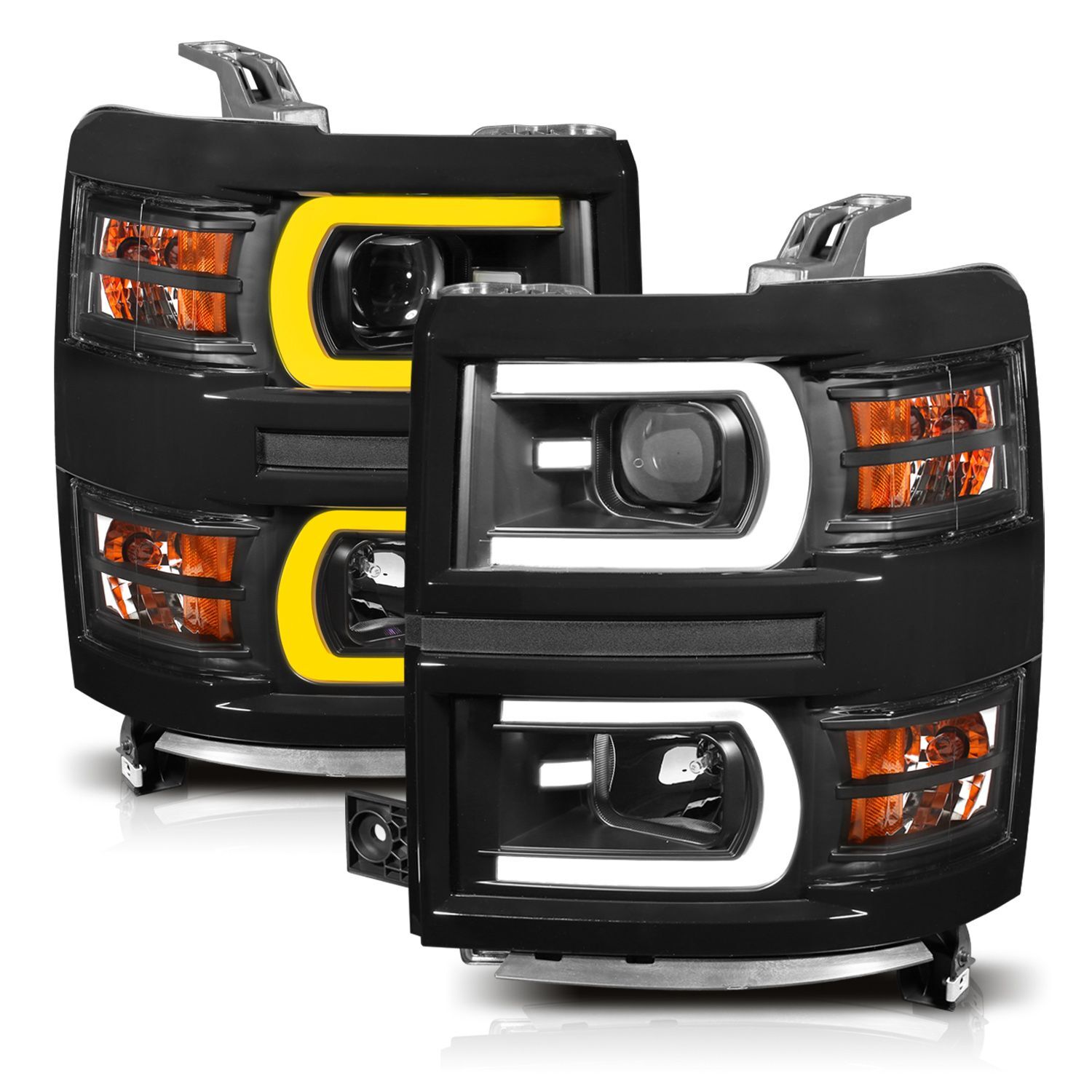 2014-2015 Chevrolet Silverado 1500 Anzo Projector Headlights W/ Plank Style Switchback Black W/ Amber - 111412