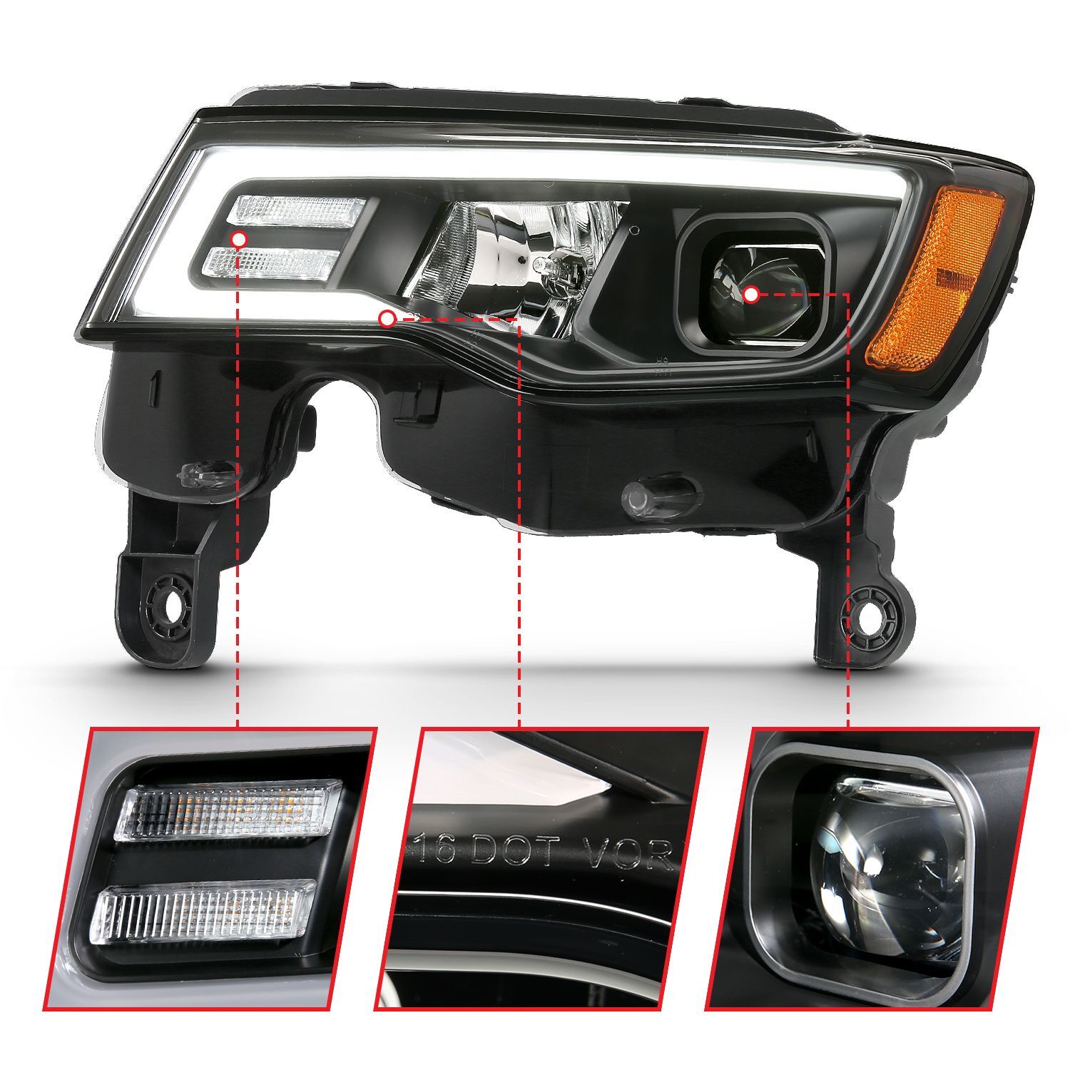 2017-2021 Jeep Grand Cherokee Anzo Projector Headlights W/ Plank Style Switchback Black W/ Amber