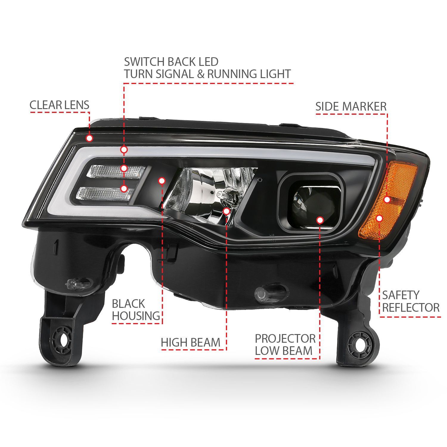 2017-2021 Jeep Grand Cherokee Anzo Projector Headlights W/ Plank Style Switchback Black W/ Amber