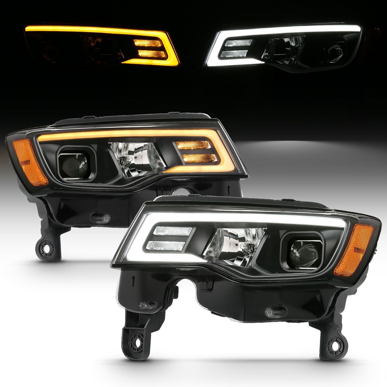 2017-2021 Jeep Grand Cherokee Anzo Projector Headlights W/ Plank Style Switchback Black W/ Amber