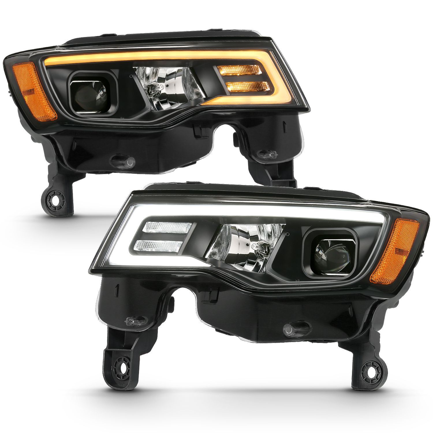 2017-2021 Jeep Grand Cherokee Anzo Projector Headlights W/ Plank Style Switchback Black W/ Amber - 111418