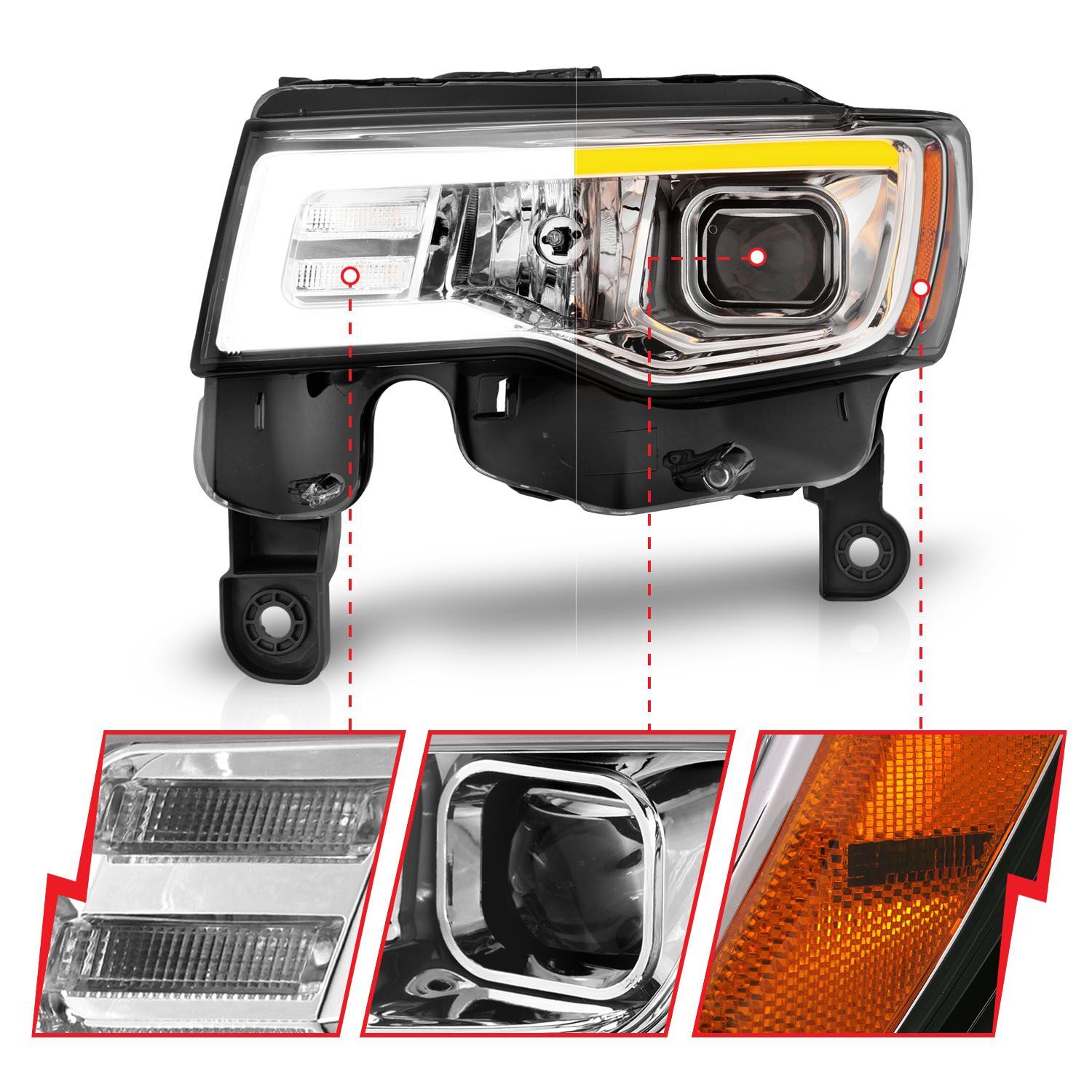 2017-2021 Jeep Grand Cherokee Anzo Projector Headlights W/ Plank Style Switchback Chrome W/ Amber