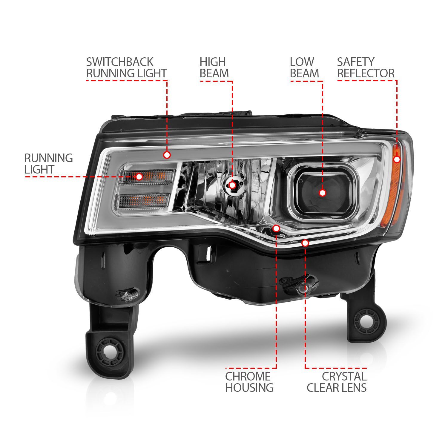 2017-2021 Jeep Grand Cherokee Anzo Projector Headlights W/ Plank Style Switchback Chrome W/ Amber