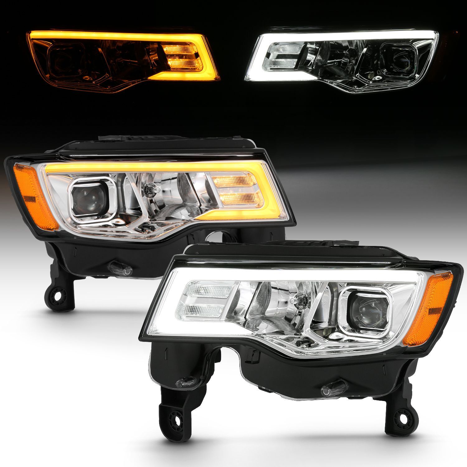 2017-2021 Jeep Grand Cherokee Anzo Projector Headlights W/ Plank Style Switchback Chrome W/ Amber