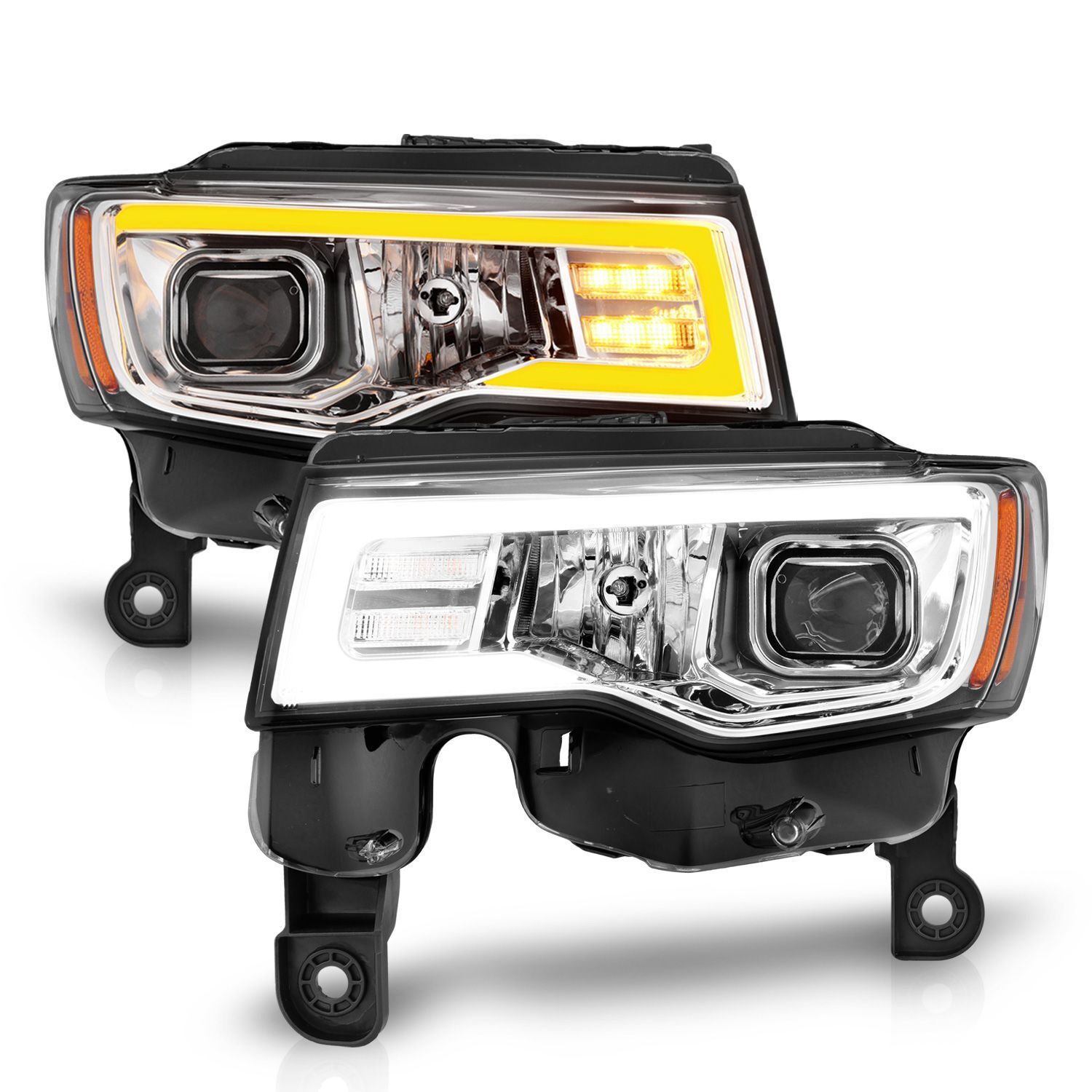 2017-2021 Jeep Grand Cherokee Anzo Projector Headlights W/ Plank Style Switchback Chrome W/ Amber - 111419