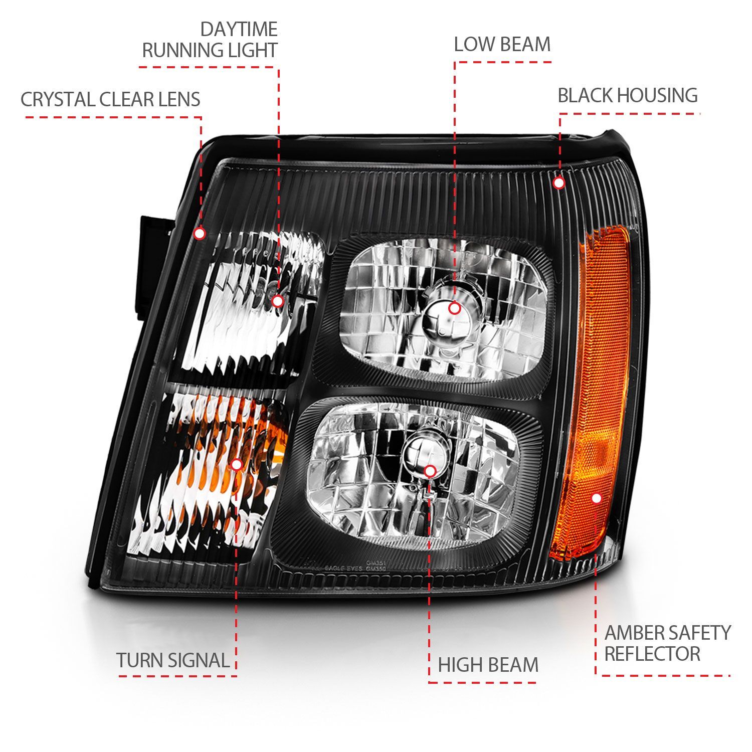 2003-2006 Cadillac Escalade Anzo Crystal Headlight Black Amber