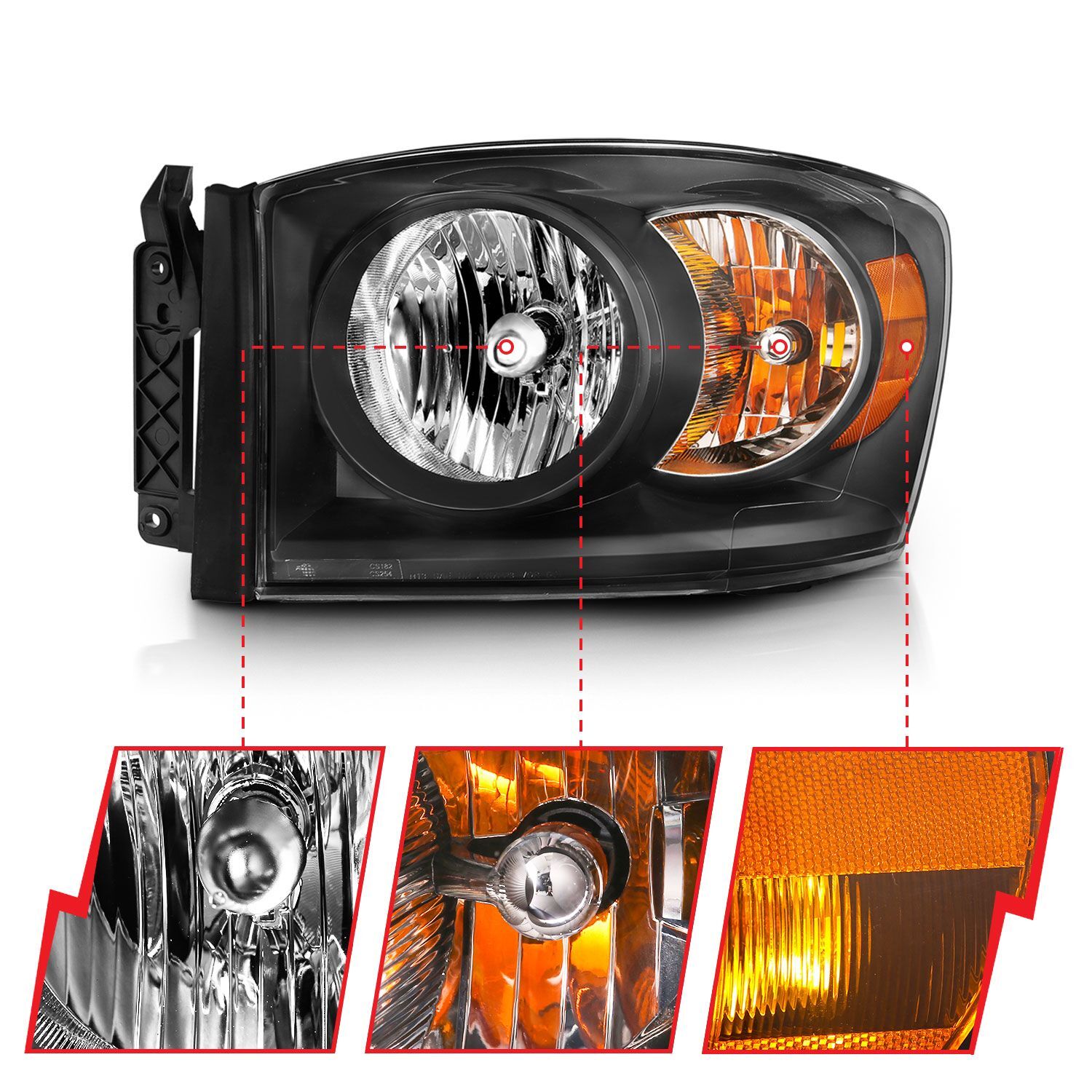2006-2008 Dodge Ram 1500/2500/3500 Anzo Crystal Headlight Black Amber