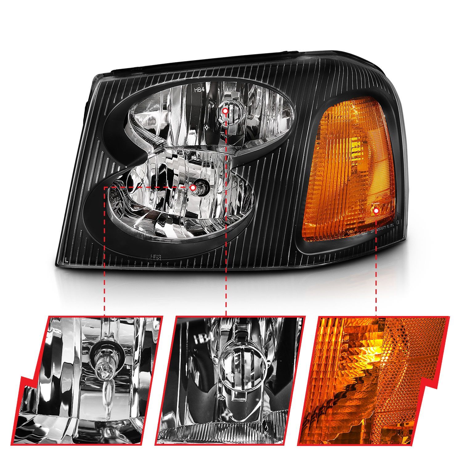 2002-2009 GMC Envoy Anzo Crystal Headlight Black Amber