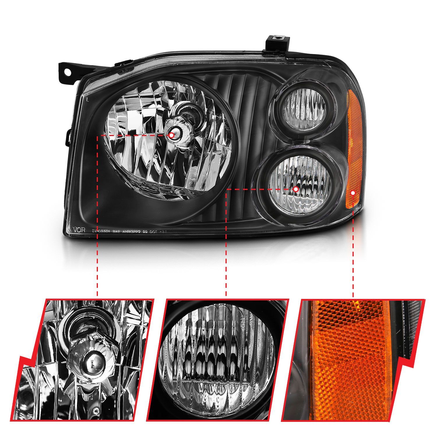 2001-2004 Nissan Frontier SC/SE Anzo Crystal Headlight Black Amber Reflector