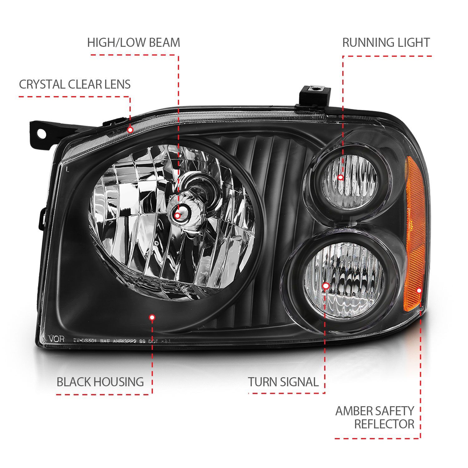 2001-2004 Nissan Frontier SC/SE Anzo Crystal Headlight Black Amber Reflector