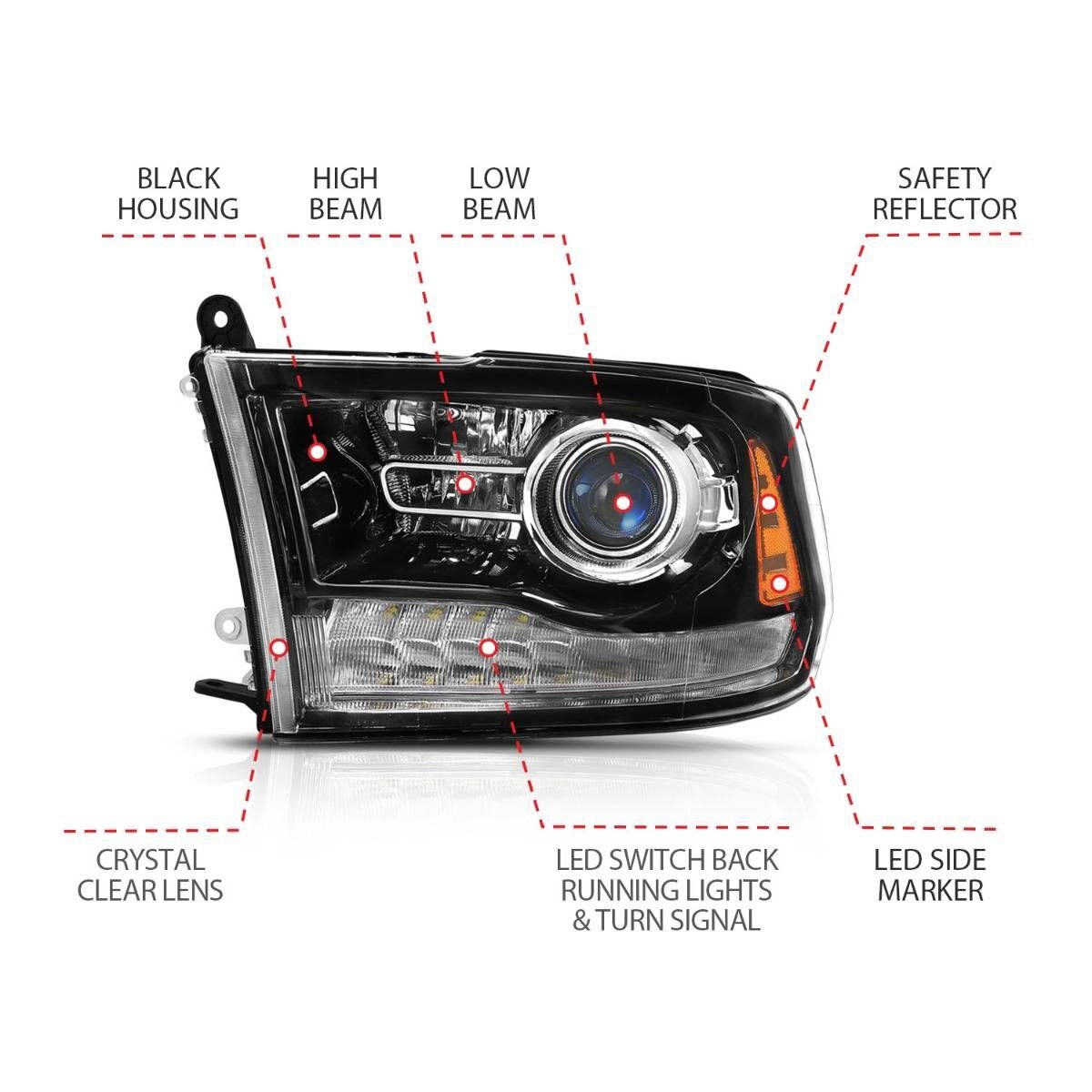 2009-2018 Dodge Ram 1500/2500/3500 Anzo Projector Plank Style Switchback H.L Halo Black Amber (Oe Style)