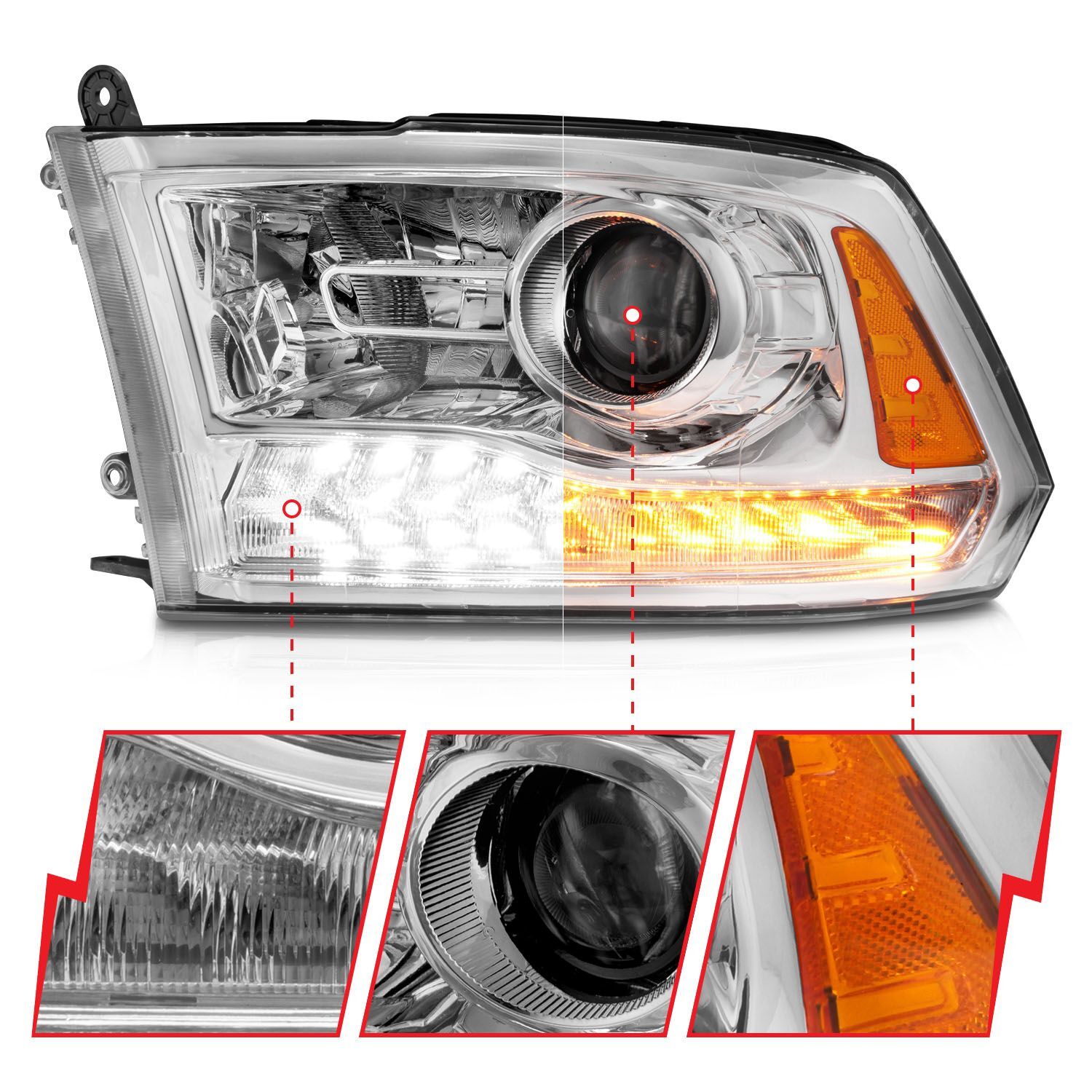 2009-2018 Dodge Ram 1500/2500/3500 Anzo Projector Plank Style Switchback H.L Halo Chrome Amber (Oe Style)
