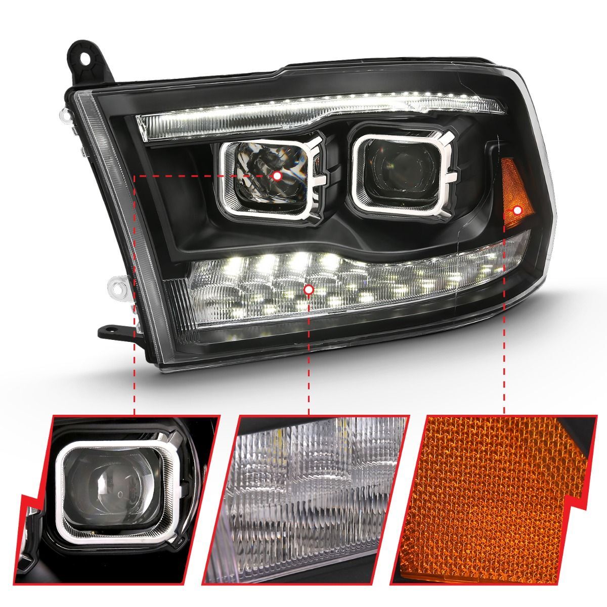 2009-2018 Dodge Ram 1500/2500/3500 Anzo Projector H.L. Switchback Black Amber