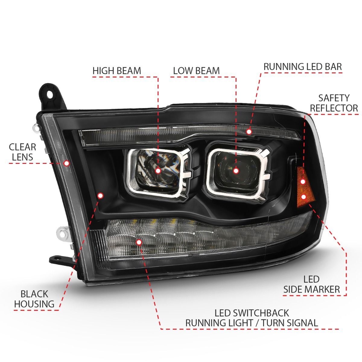 2009-2018 Dodge Ram 1500/2500/3500 Anzo Projector H.L. Switchback Black Amber