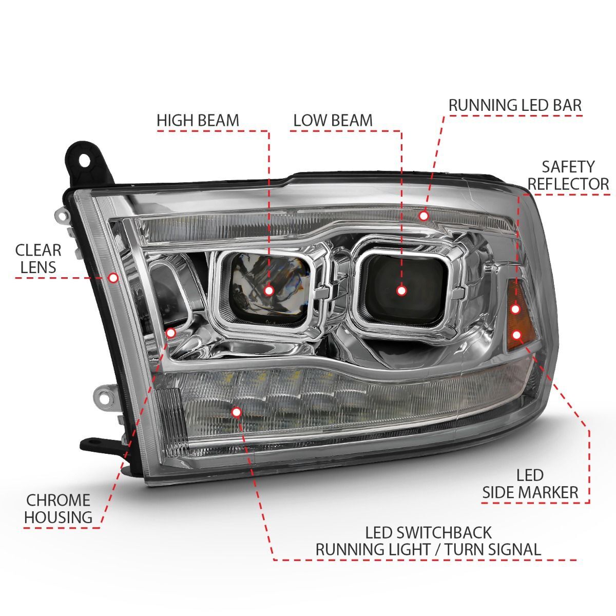 2009-2018 Dodge Ram 1500/2500/3500 Anzo Projector H.L. Switchback Chrome Amber