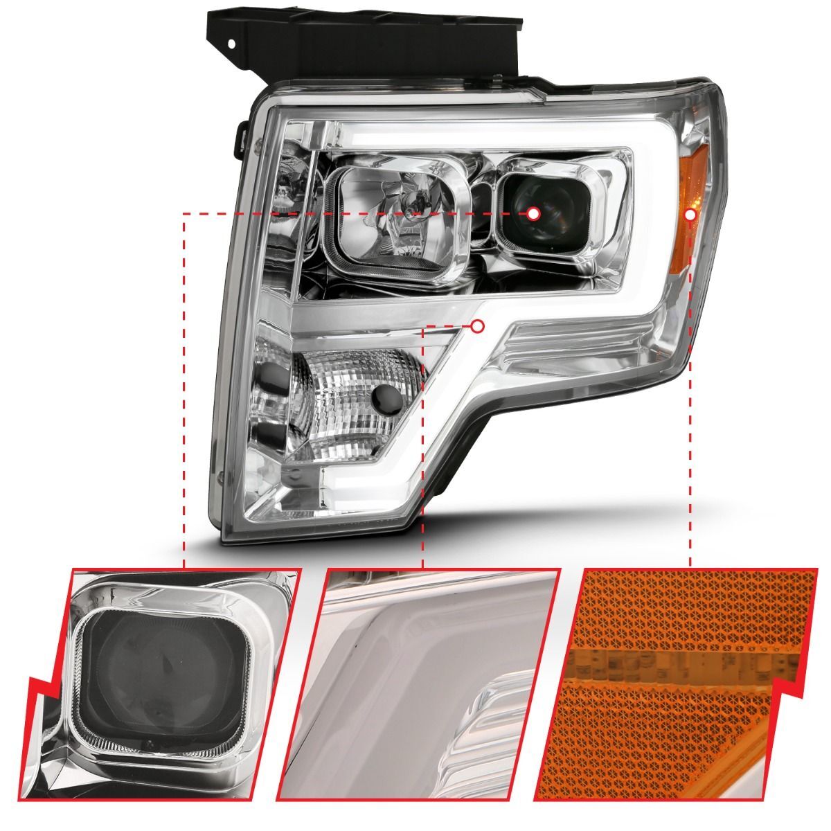 2009-2014 Ford F-150 Anzo Projector Headlight Plank Style Chrome Amber