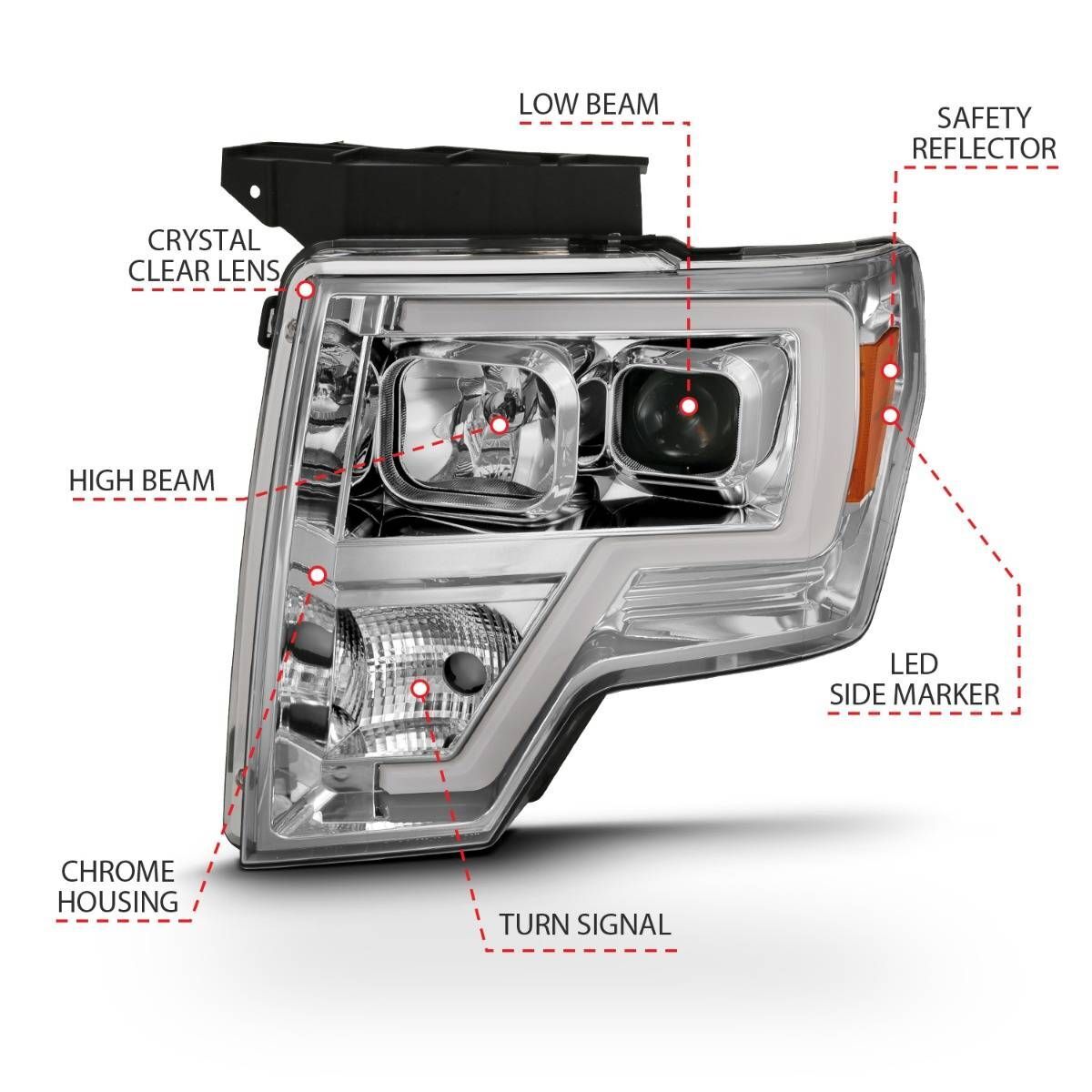 2009-2014 Ford F-150 Anzo Projector Headlight Plank Style Chrome Amber