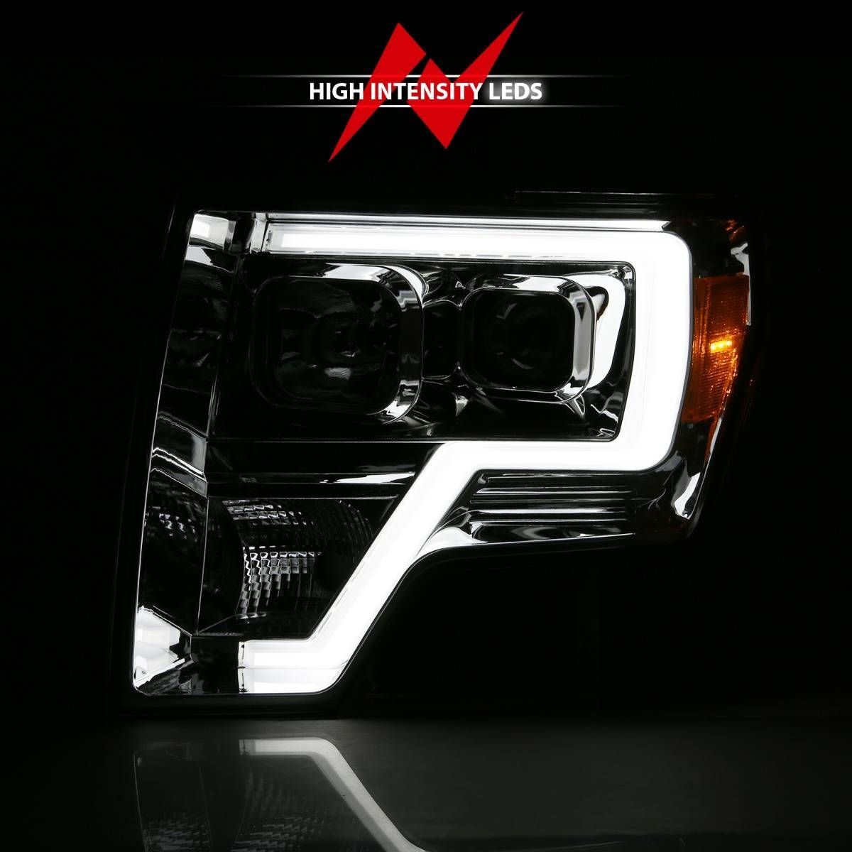 2009-2014 Ford F-150 Anzo Projector Headlight Plank Style Chrome Amber