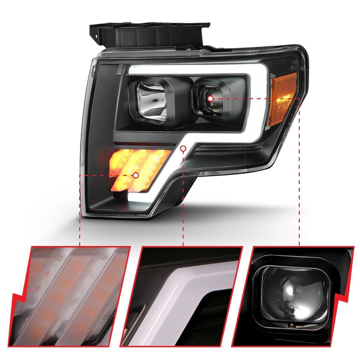 2009-2014 Ford F-150 Anzo Projector Headlight W/Light Bar G4 Black Amber