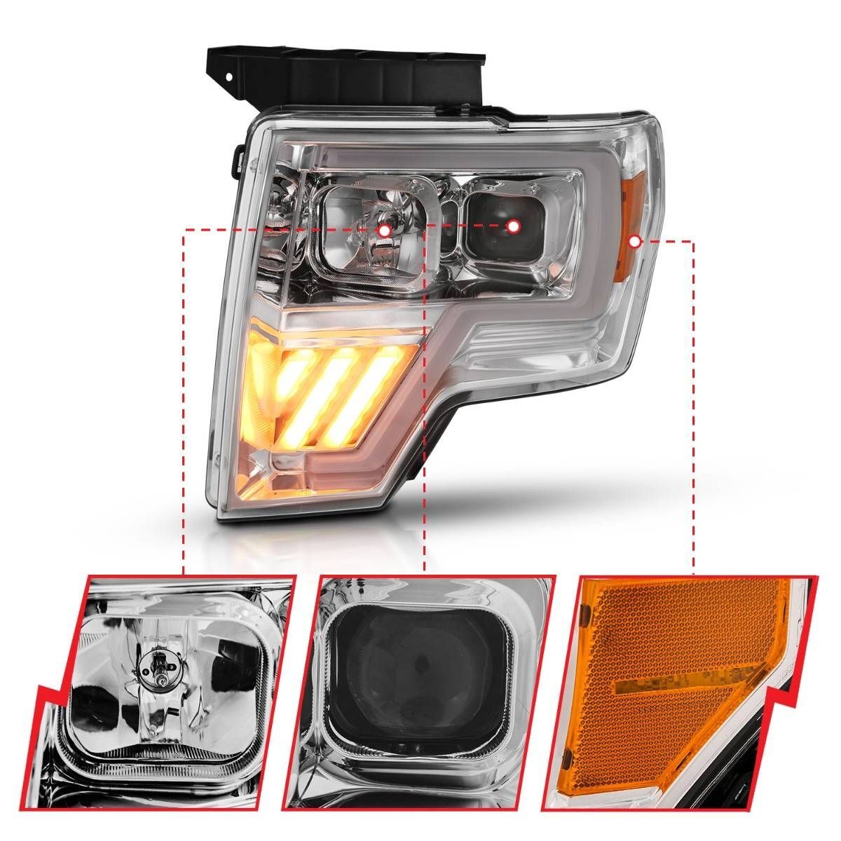 2009-2014 Ford F-150 Anzo Projector Headlight Chrome Amber