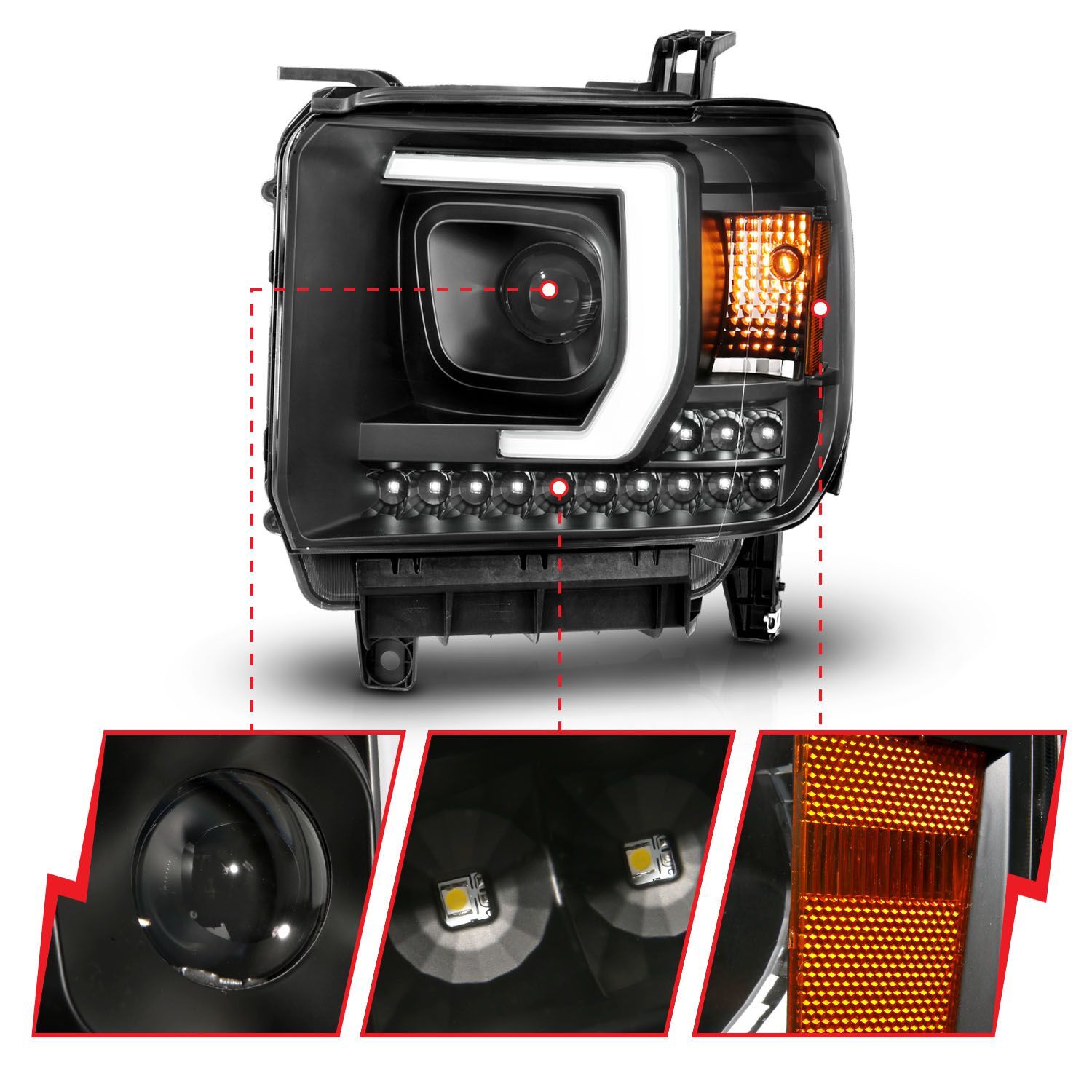 2014-2016 GMC Sierra 1500/2500 HD/3500 HD Anzo Projector Plank Style Headlight Black W/ DRL