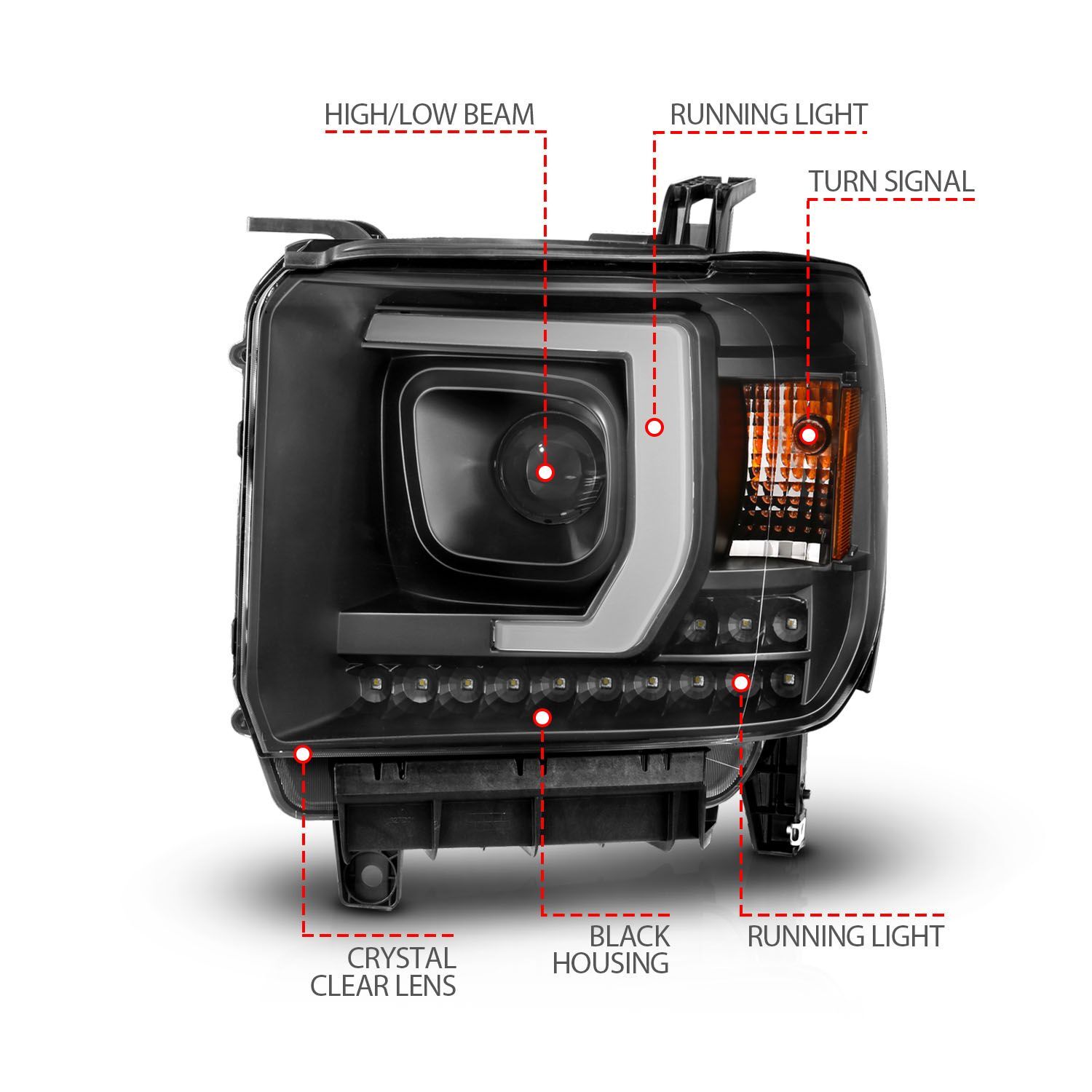2014-2016 GMC Sierra 1500/2500 HD/3500 HD Anzo Projector Plank Style Headlight Black W/ DRL