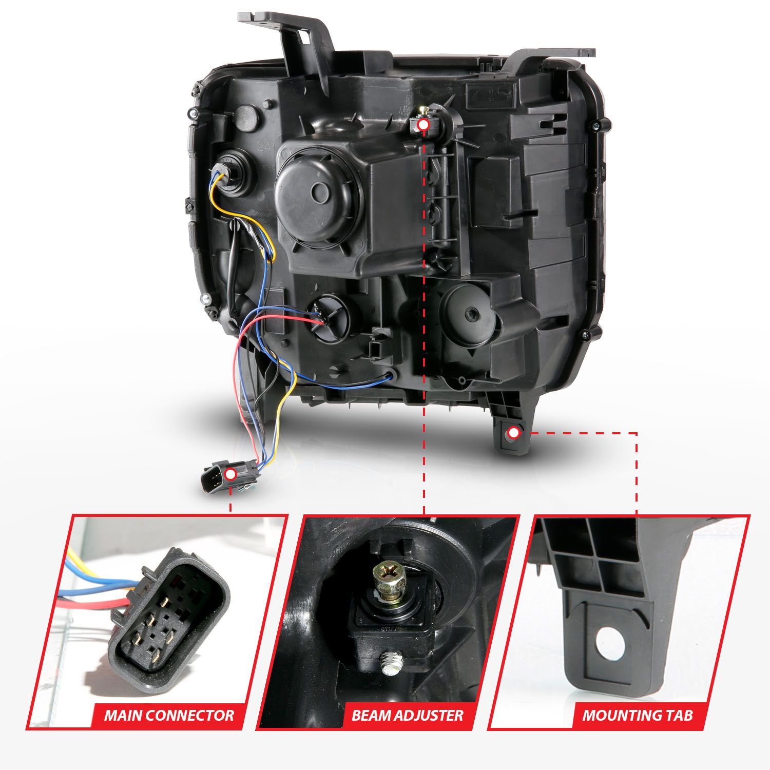2014-2016 GMC Sierra 1500/2500 HD/3500 HD Anzo Projector Plank Style Headlight Black W/ DRL