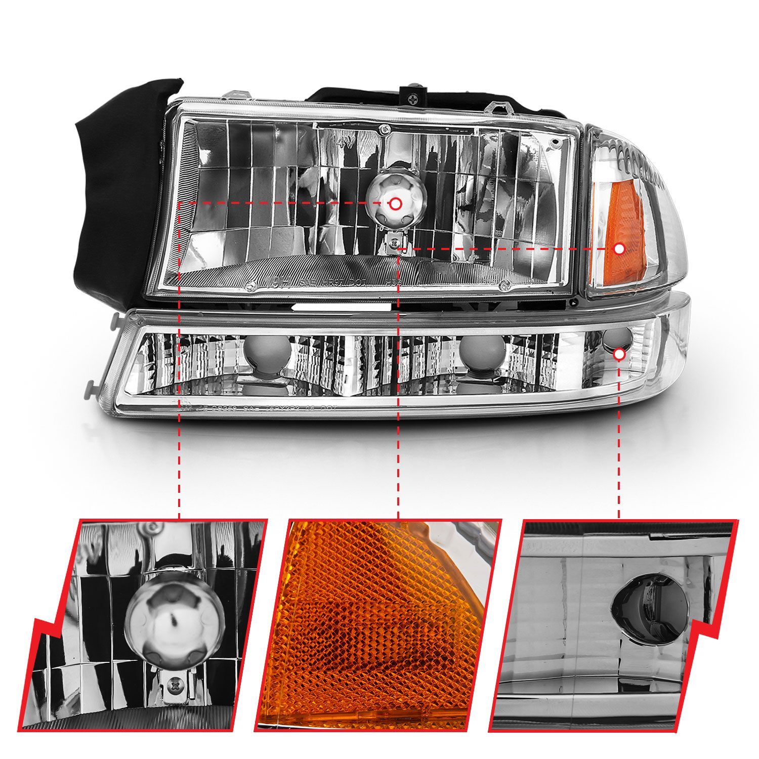 1997-2004 Dodge Dakota/Durango Anzo Crystal Headlight Set Chrome Amber