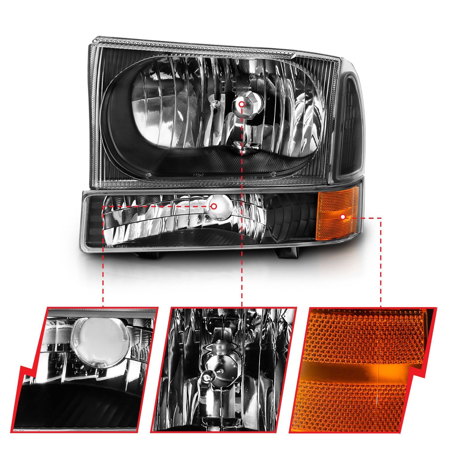 1999-2004 Ford Excursion/F-250/F-350/F-450/F-550 Super Duty Anzo Crystal Headlight W/ Corner Light Black Amber (W/O Bulb)