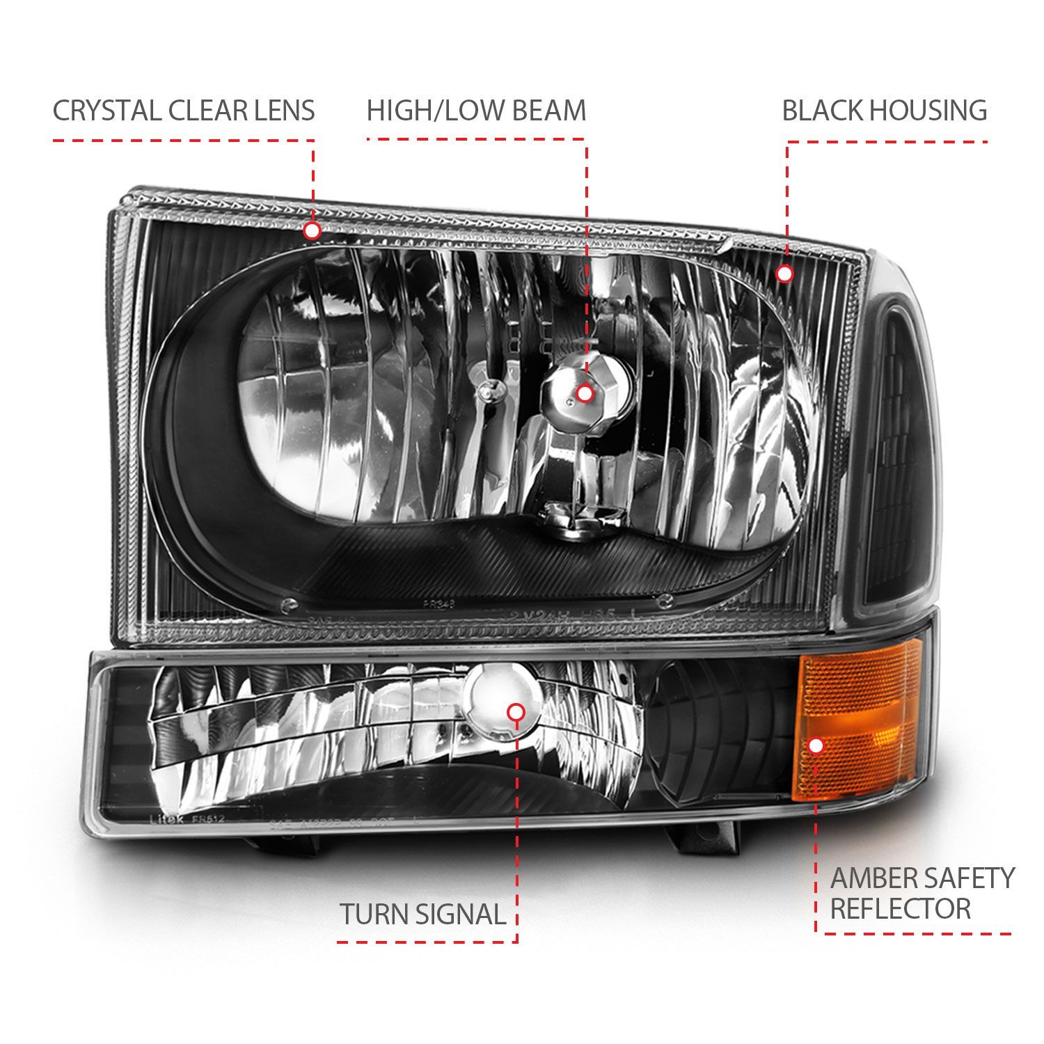1999-2004 Ford Excursion/F-250/F-350/F-450/F-550 Super Duty Anzo Crystal Headlight W/ Corner Light Black Amber (W/O Bulb)