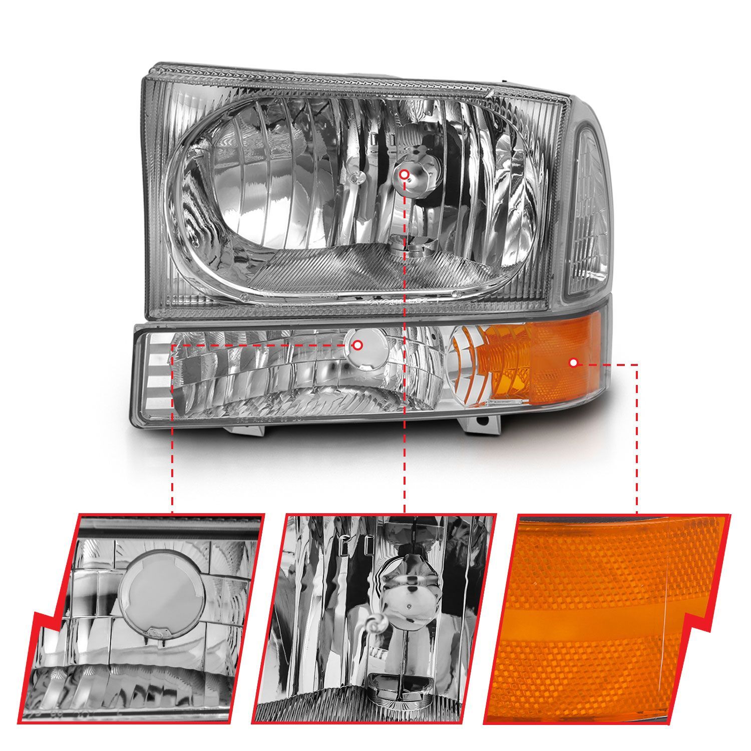1999-2004 Ford Excursion/F-250/F-350/F-450/F-550 Super Duty Anzo Crystal Headlight W/ Corner Light Chrome Amber (W/O Bulb)