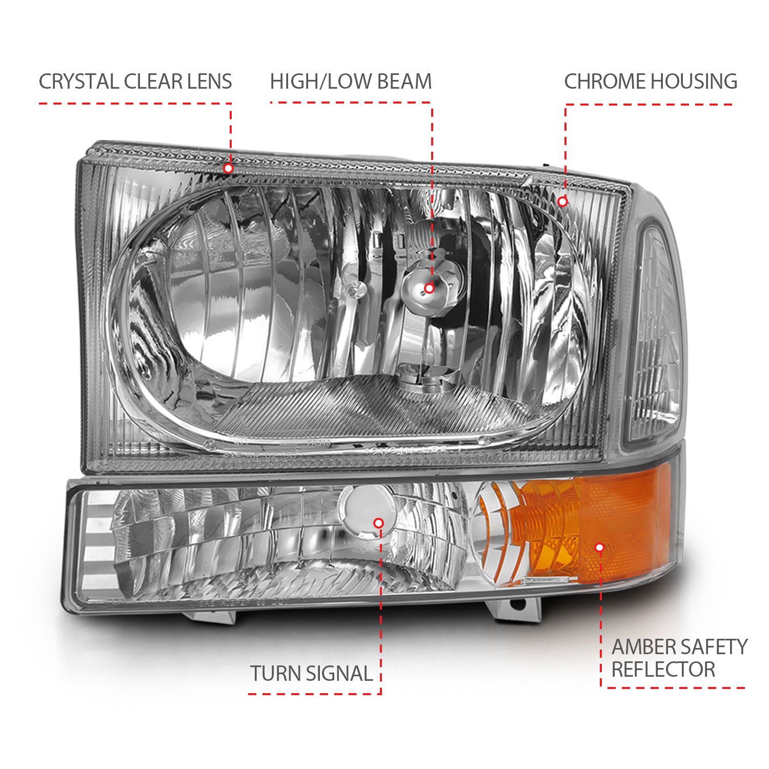 1999-2004 Ford Excursion/F-250/F-350/F-450/F-550 Super Duty Anzo Crystal Headlight W/ Corner Light Chrome Amber (W/O Bulb)