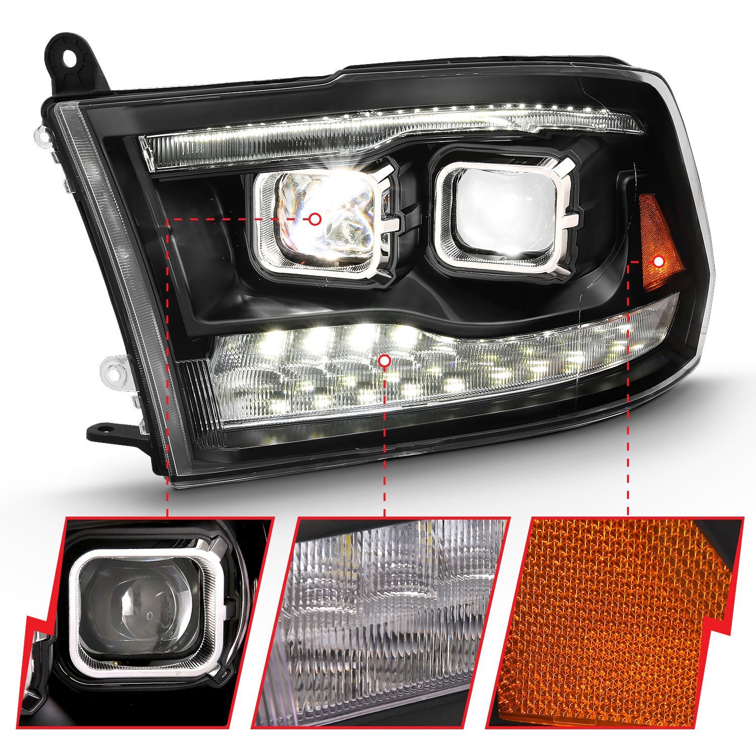 2010-2018 Dodge Ram 1500/2500/3500 Anzo LED Projector Plank Style Switchback Headlights Black Amber
